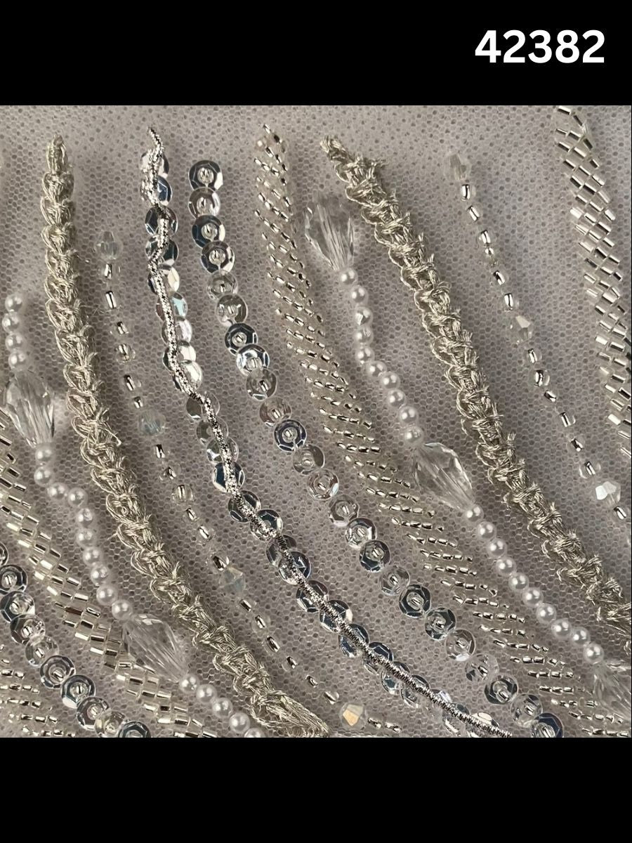 #42382 Luxurious Hand-Beaded Fabric – Intricate Geometric Design Embellished with Beads, Sequins, Pearls, and Crystals for Couture and Bridal Elegance