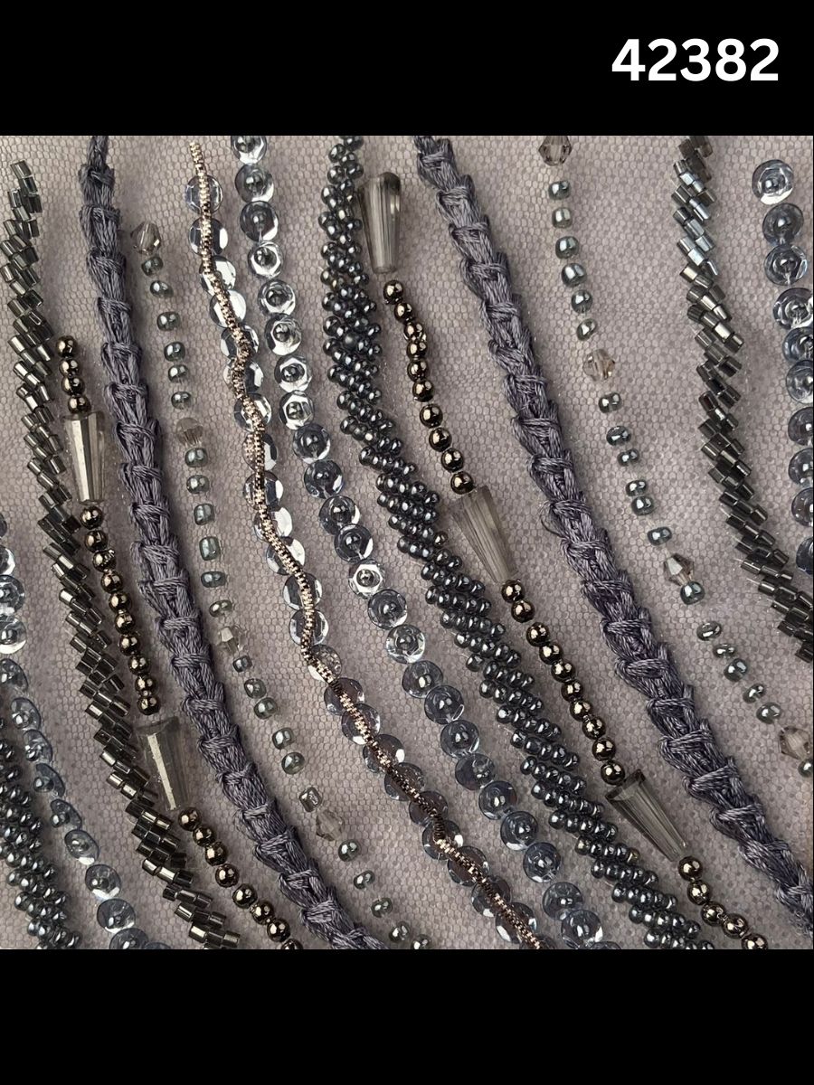 #42382 Luxurious Hand-Beaded Fabric – Intricate Geometric Design Embellished with Beads, Sequins, Pearls, and Crystals for Couture and Bridal Elegance