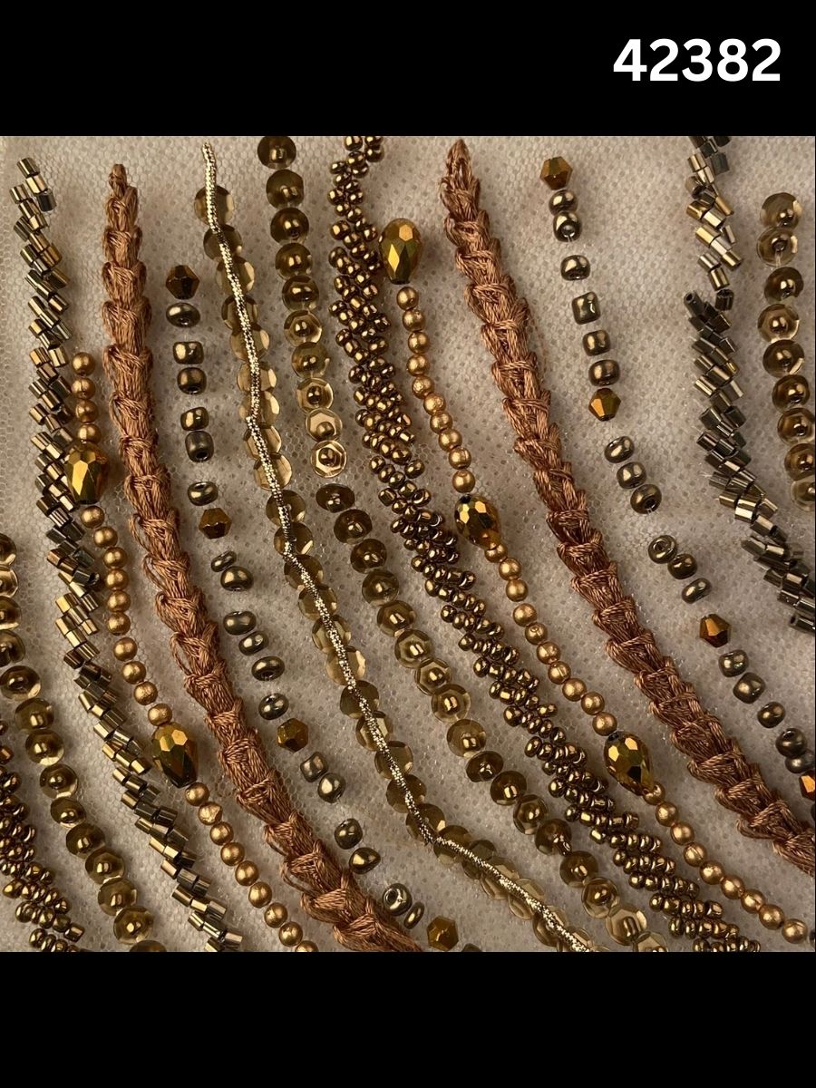 #42382 Luxurious Hand-Beaded Fabric – Intricate Geometric Design Embellished with Beads, Sequins, Pearls, and Crystals for Couture and Bridal Elegance
