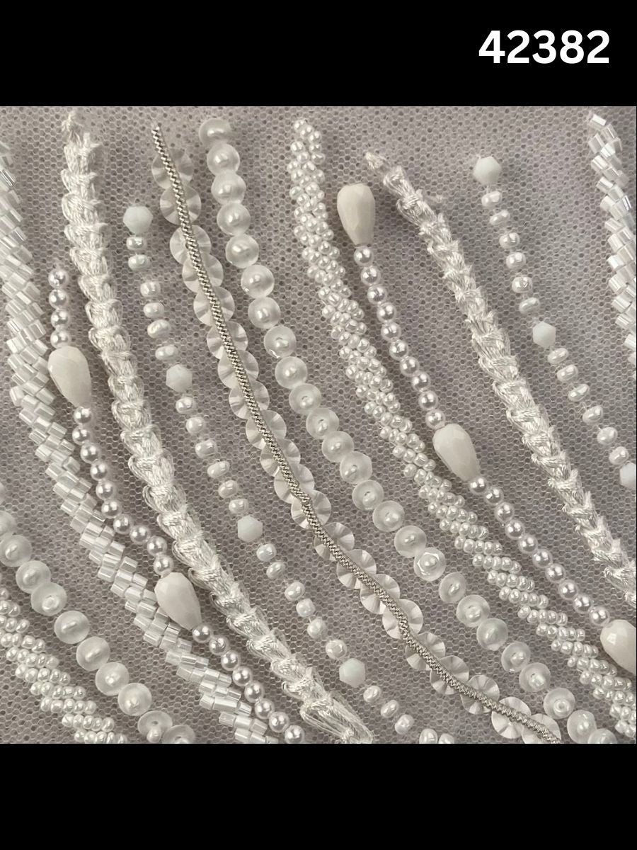 #42382 Luxurious Hand-Beaded Fabric – Intricate Geometric Design Embellished with Beads, Sequins, Pearls, and Crystals for Couture and Bridal Elegance