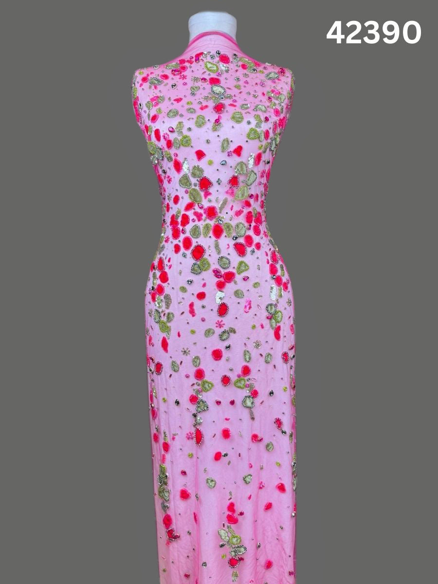 #42390 Elegant Abstract Design Fabric Beaded with Sequins, Beads, Rhinestones, and Velvet Appliqués – A Luxurious Fusion of Artistry and Textural Elegance