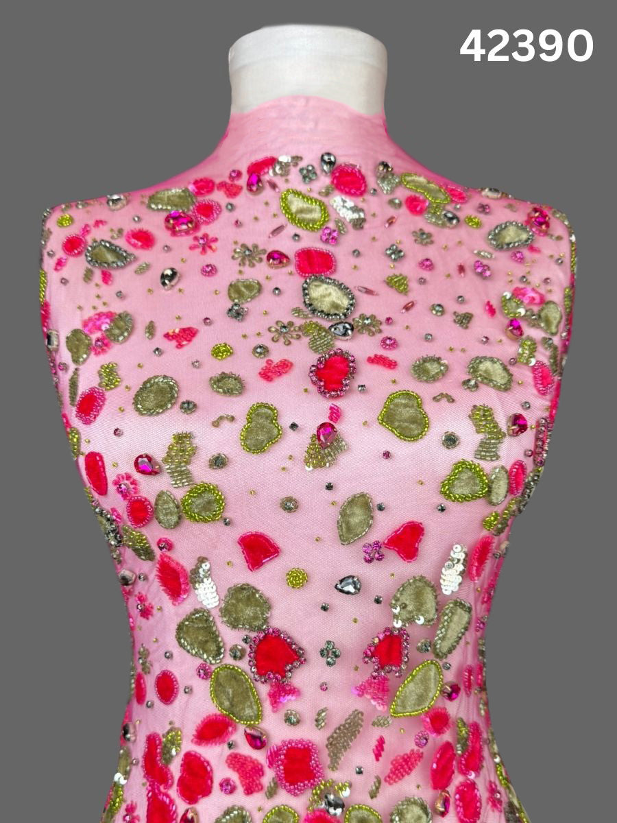 #42390 Elegant Abstract Design Fabric Beaded with Sequins, Beads, Rhinestones, and Velvet Appliqués – A Luxurious Fusion of Artistry and Textural Elegance