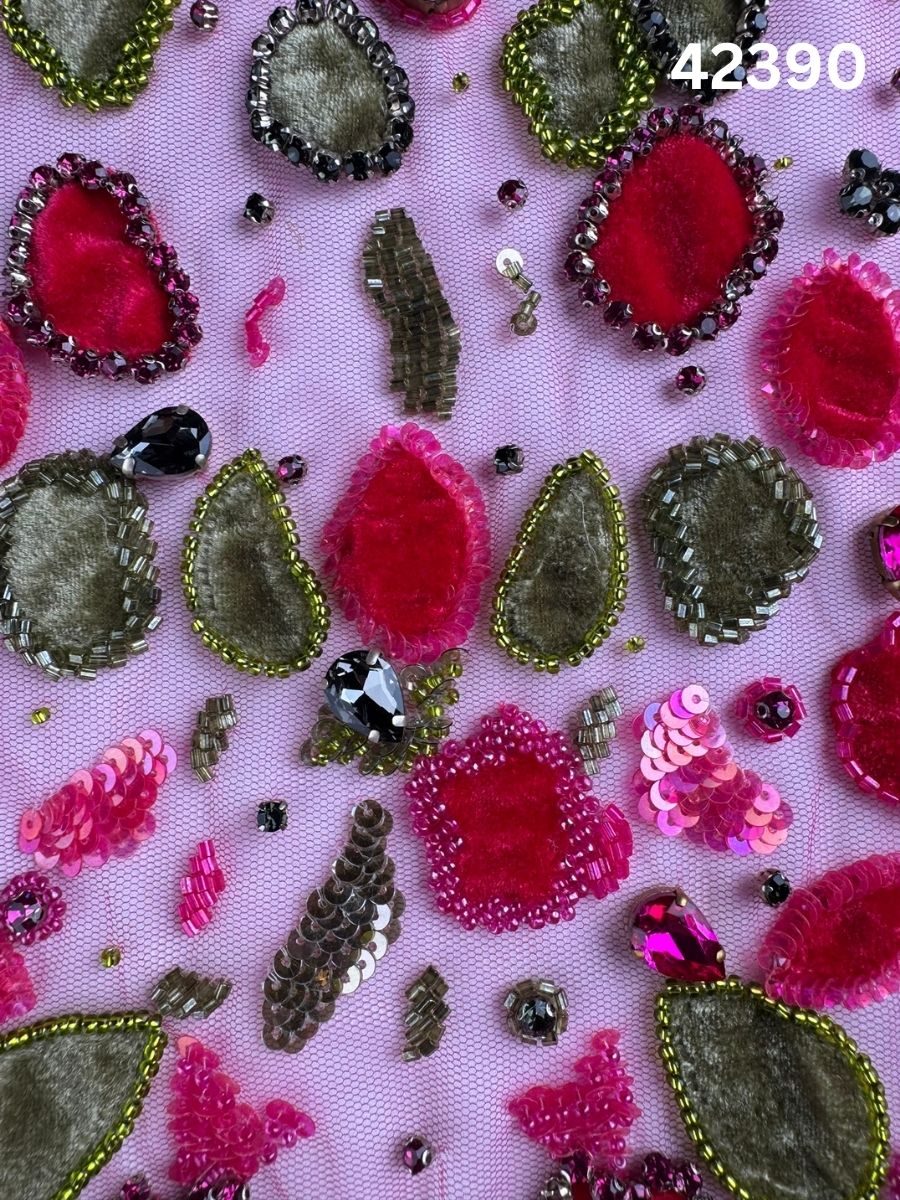 #42390 Elegant Abstract Design Fabric Beaded with Sequins, Beads, Rhinestones, and Velvet Appliqués – A Luxurious Fusion of Artistry and Textural Elegance