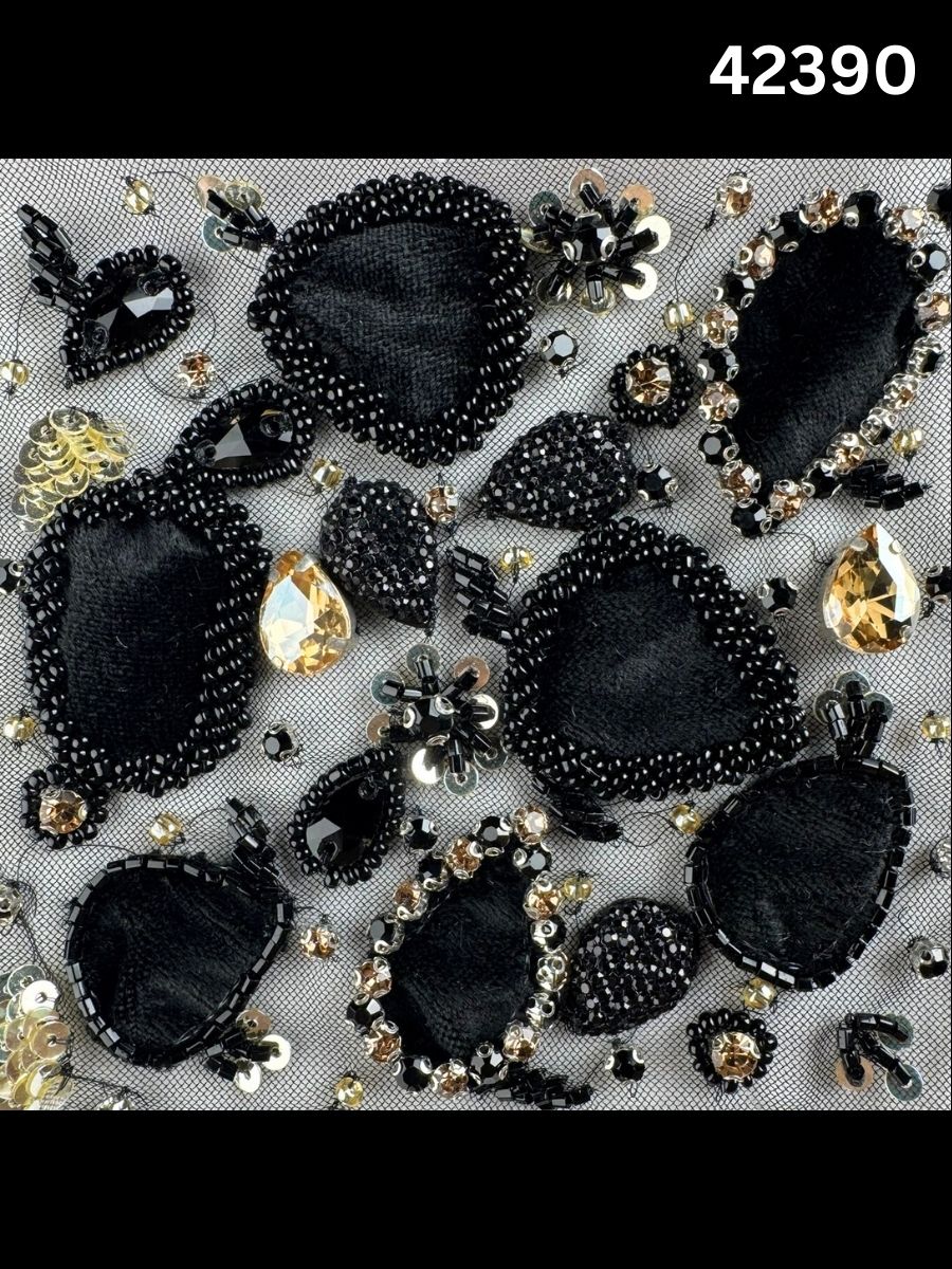 #42390 Elegant Abstract Design Fabric Beaded with Sequins, Beads, Rhinestones, and Velvet Appliqués – A Luxurious Fusion of Artistry and Textural Elegance