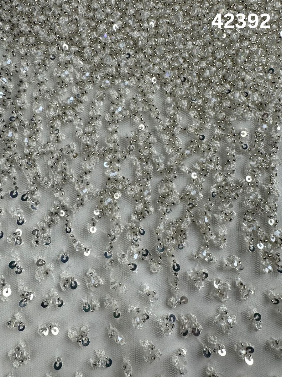 #42392 Luxurious Hand-Beaded & Machine-Worked Fabric – Abstract Design Adorned with Thread Work, Sequins, Crystals, and Beads for High-End Creations