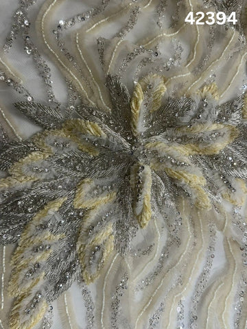 #42394 Vibrant Leafy Abstract Design Fabric Beaded with Thread Work, Rhinestones, Beads, and Sequins for Fashion