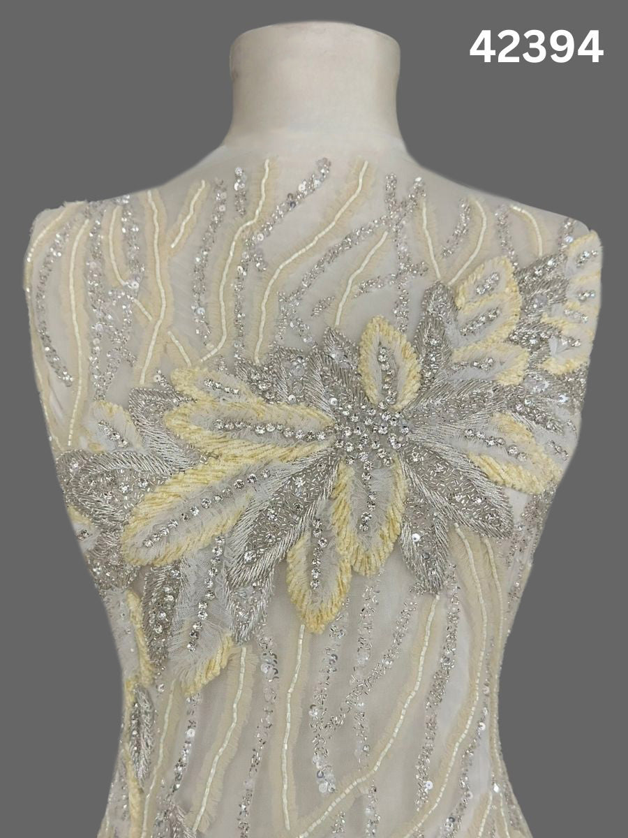 #42394 Vibrant Leafy Abstract Design Fabric Beaded with Thread Work, Rhinestones, Beads, and Sequins for Fashion