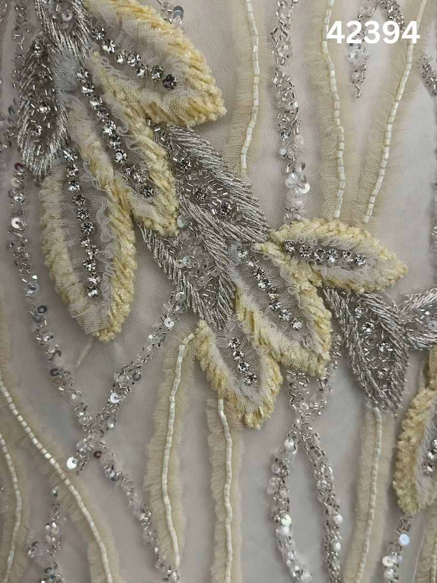 #42394 Vibrant Leafy Abstract Design Fabric Beaded with Thread Work, Rhinestones, Beads, and Sequins for Fashion
