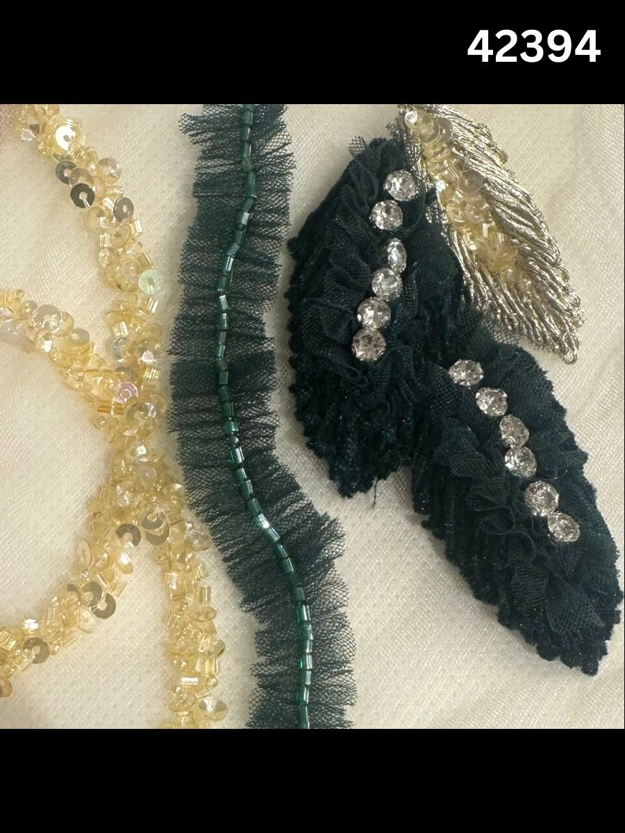 #42394 Vibrant Leafy Abstract Design Fabric Beaded with Thread Work, Rhinestones, Beads, and Sequins for Fashion