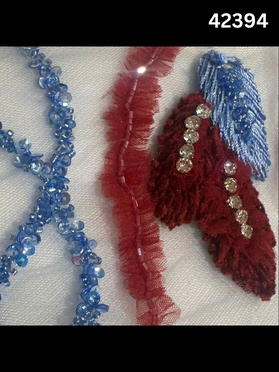 #42394 Vibrant Leafy Abstract Design Fabric Beaded with Thread Work, Rhinestones, Beads, and Sequins for Fashion