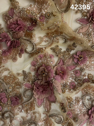 #42395 Stunning Abstract Floral Fabric Beaded with Appliqués, Exotic Beads, Sequins, and Rhinestones – Luxurious Decorative Textile for High-Fashion, Couture, and Custom Crafting