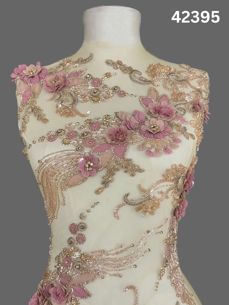 #42395 Stunning Abstract Floral Fabric Beaded with Appliqués, Exotic Beads, Sequins, and Rhinestones – Luxurious Decorative Textile for High-Fashion, Couture, and Custom Crafting