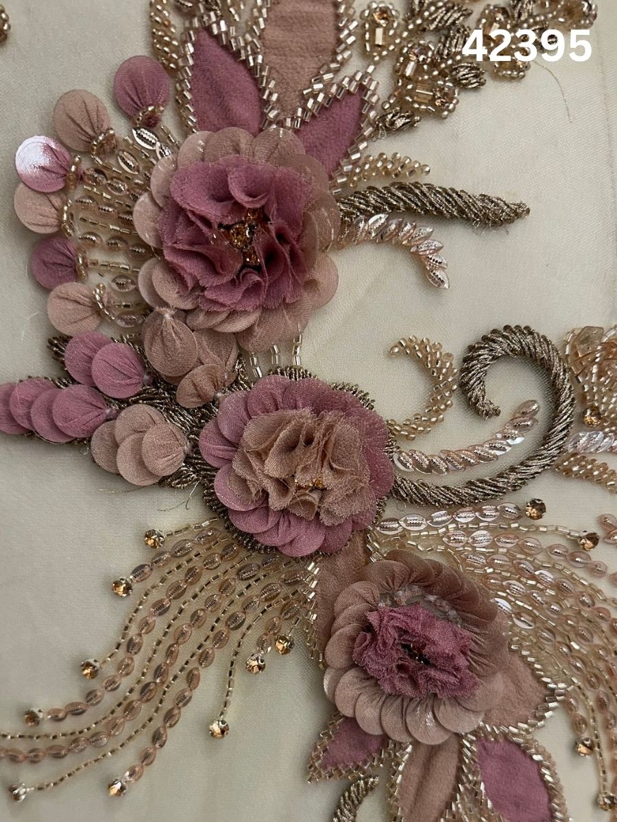 #42395 Stunning Abstract Floral Fabric Beaded with Appliqués, Exotic Beads, Sequins, and Rhinestones – Luxurious Decorative Textile for High-Fashion, Couture, and Custom Crafting