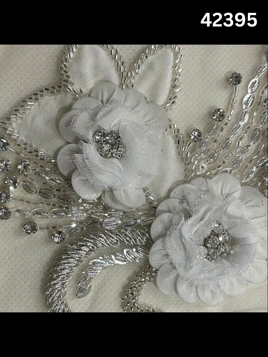 #42395 Stunning Abstract Floral Fabric Beaded with Appliqués, Exotic Beads, Sequins, and Rhinestones – Luxurious Decorative Textile for High-Fashion, Couture, and Custom Crafting