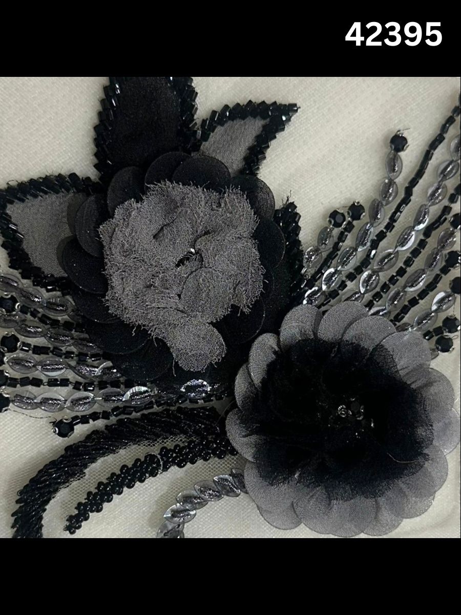 #42395 Stunning Abstract Floral Fabric Beaded with Appliqués, Exotic Beads, Sequins, and Rhinestones – Luxurious Decorative Textile for High-Fashion, Couture, and Custom Crafting