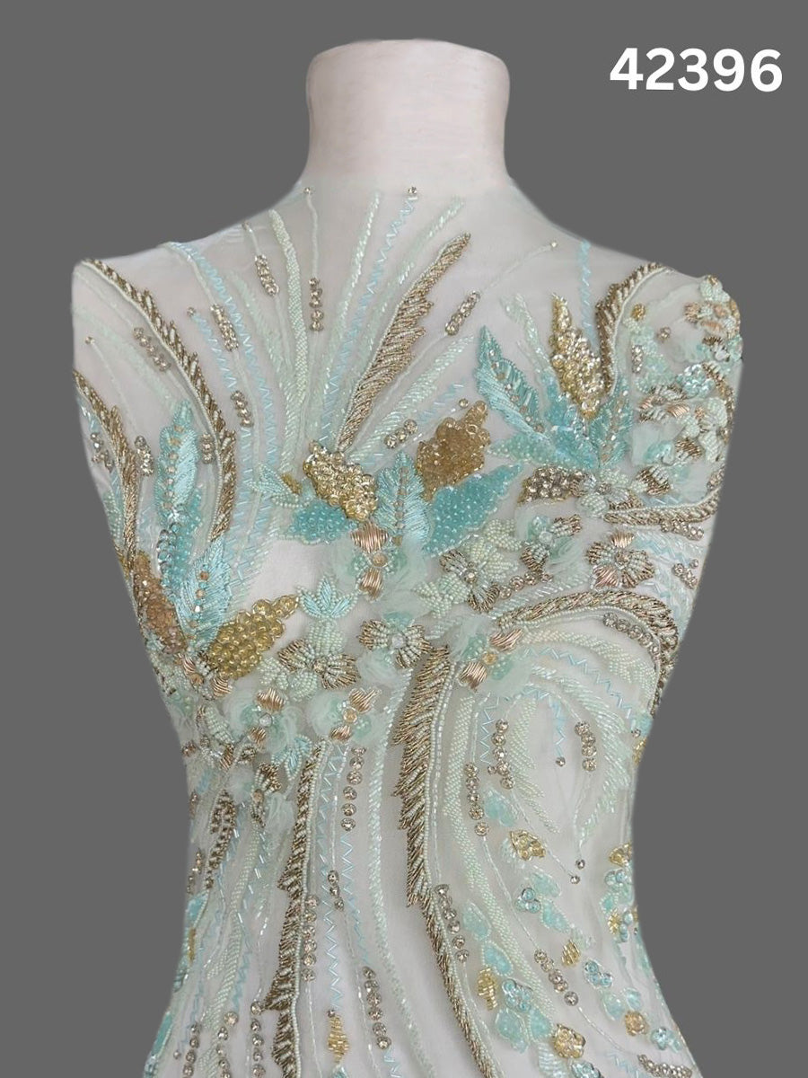 #42396 Luxurious Multi-Abstract Design Fabric Beaded with Beads, Sequins, Thread Work, and Rhinestones – Exquisite Embellished Textile for High-Fashion, Couture, and Crafting Projects