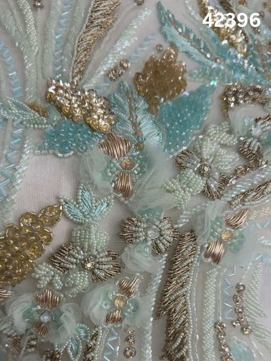 #42396 Luxurious Multi-Abstract Design Fabric Beaded with Beads, Sequins, Thread Work, and Rhinestones – Exquisite Embellished Textile for High-Fashion, Couture, and Crafting Projects