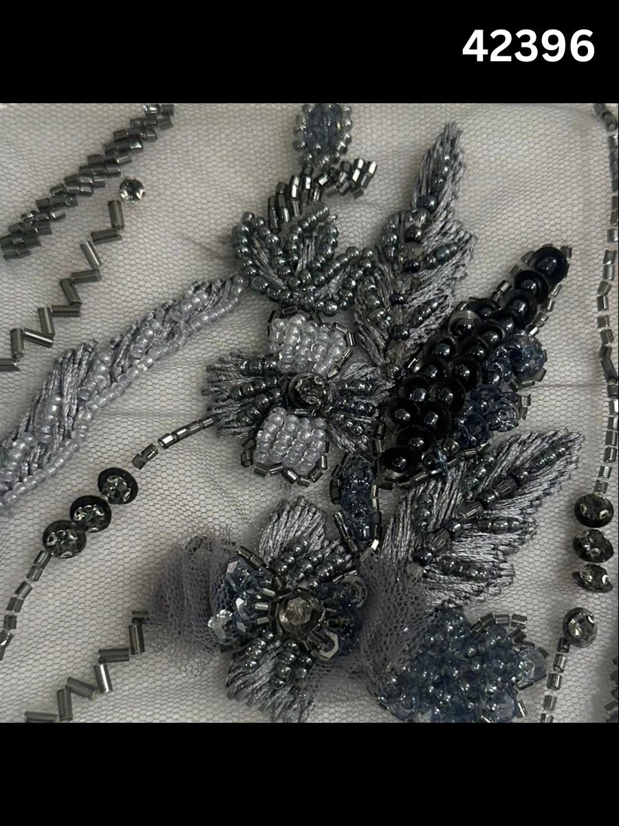 #42396 Luxurious Multi-Abstract Design Fabric Beaded with Beads, Sequins, Thread Work, and Rhinestones – Exquisite Embellished Textile for High-Fashion, Couture, and Crafting Projects