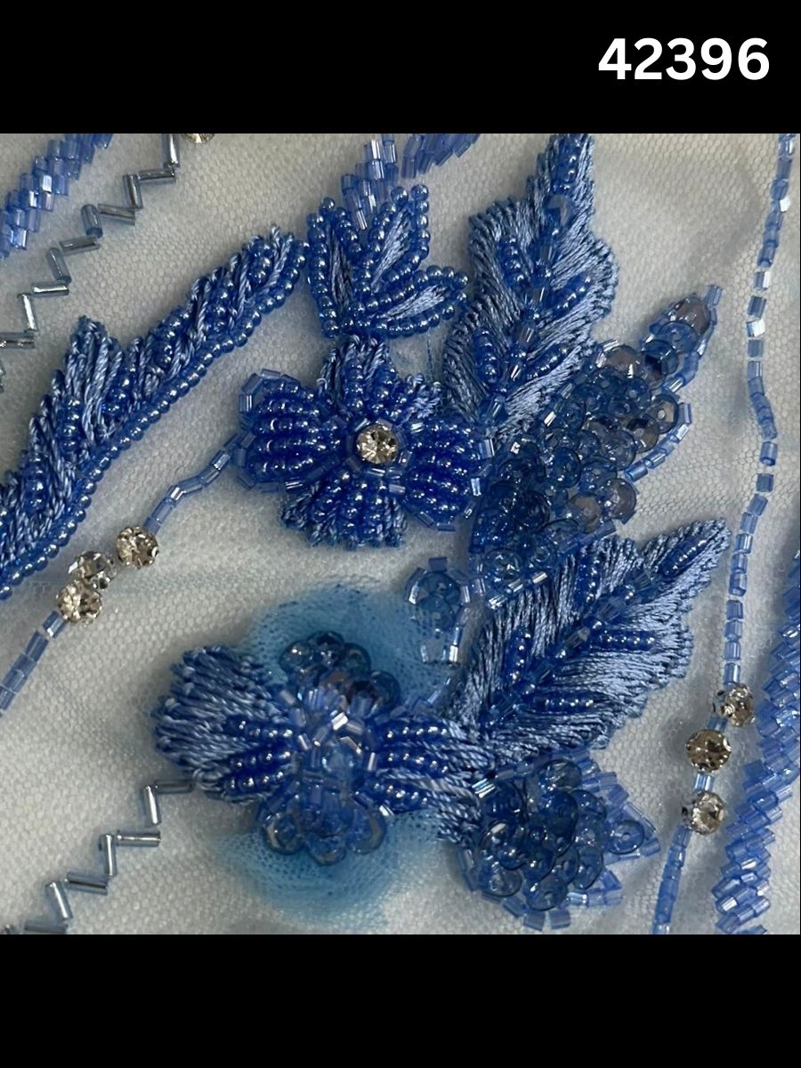 #42396 Luxurious Multi-Abstract Design Fabric Beaded with Beads, Sequins, Thread Work, and Rhinestones – Exquisite Embellished Textile for High-Fashion, Couture, and Crafting Projects