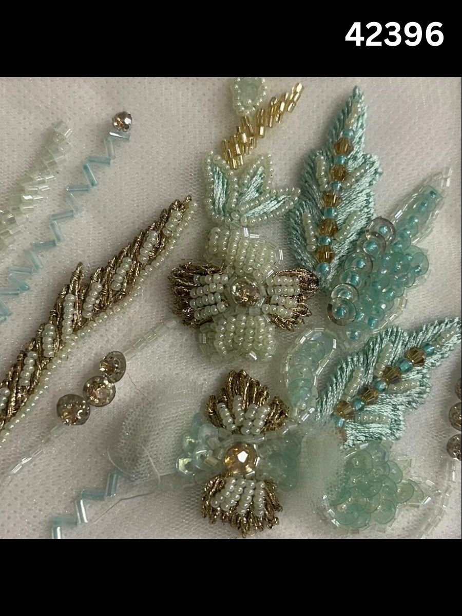#42396 Luxurious Multi-Abstract Design Fabric Beaded with Beads, Sequins, Thread Work, and Rhinestones – Exquisite Embellished Textile for High-Fashion, Couture, and Crafting Projects
