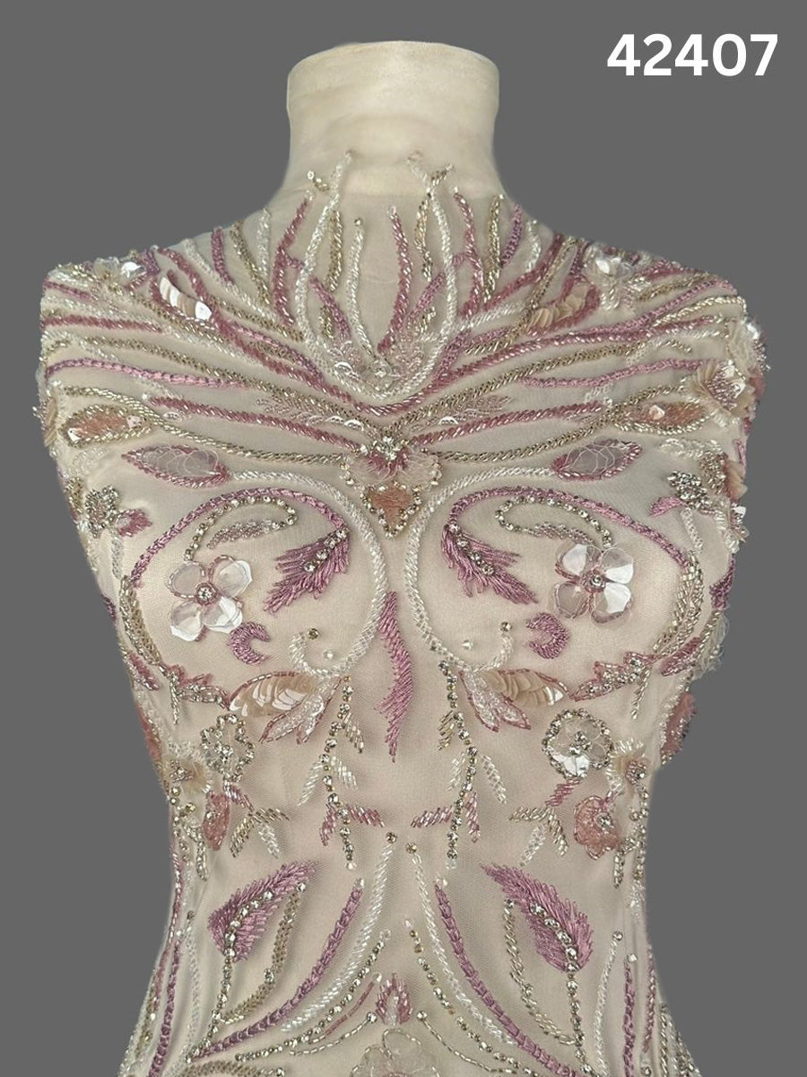 #42407 Exquisite Floral Design Fabric Hand Beaded with Sequins, Beads, Thread Work, and Rhinestones – A Luxurious Embellishment for Couture Fashion, Bridal Wear