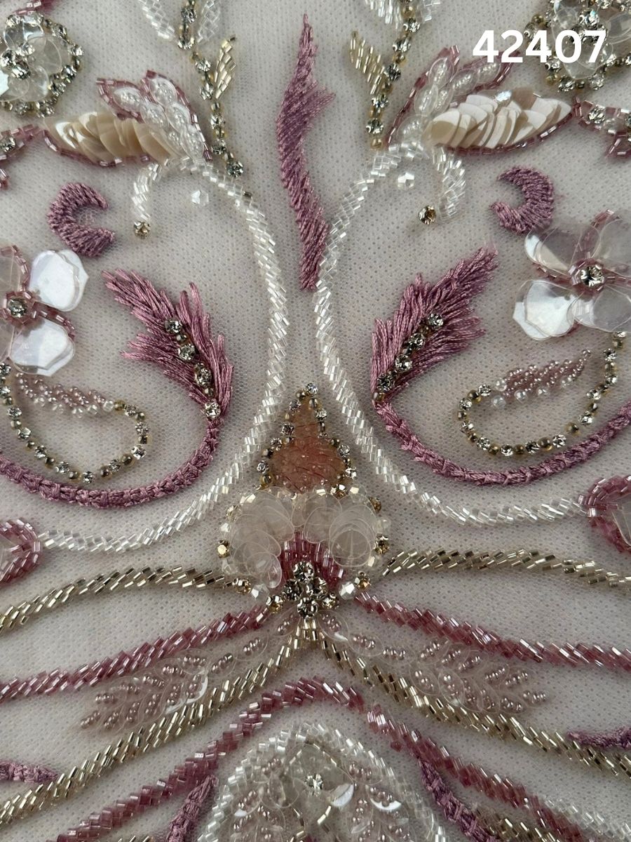 #42407 Exquisite Floral Design Fabric Hand Beaded with Sequins, Beads, Thread Work, and Rhinestones – A Luxurious Embellishment for Couture Fashion, Bridal Wear