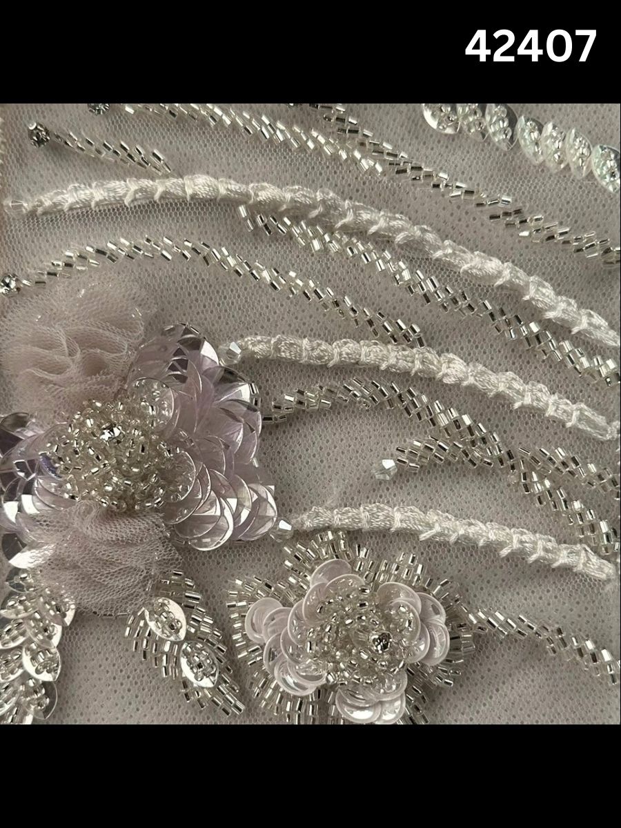 #42407 Exquisite Floral Design Fabric Hand Beaded with Sequins, Beads, Thread Work, and Rhinestones – A Luxurious Embellishment for Couture Fashion, Bridal Wear