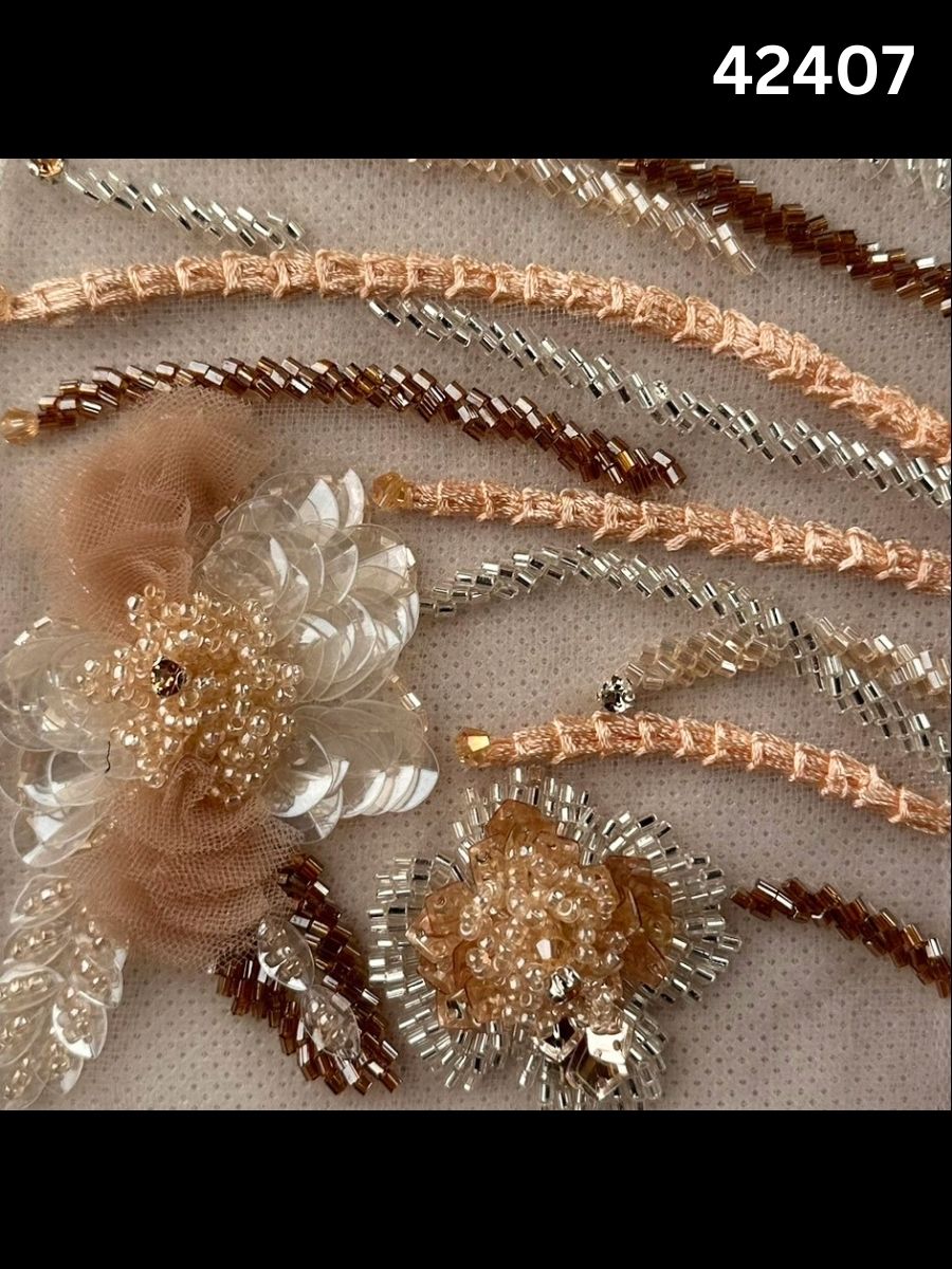 #42407 Exquisite Floral Design Fabric Hand Beaded with Sequins, Beads, Thread Work, and Rhinestones – A Luxurious Embellishment for Couture Fashion, Bridal Wear