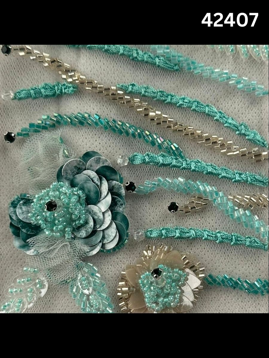 #42407 Exquisite Floral Design Fabric Hand Beaded with Sequins, Beads, Thread Work, and Rhinestones – A Luxurious Embellishment for Couture Fashion, Bridal Wear