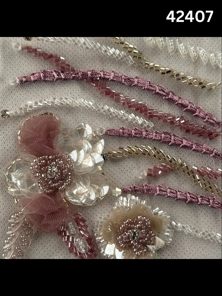 #42407 Exquisite Floral Design Fabric Hand Beaded with Sequins, Beads, Thread Work, and Rhinestones – A Luxurious Embellishment for Couture Fashion, Bridal Wear