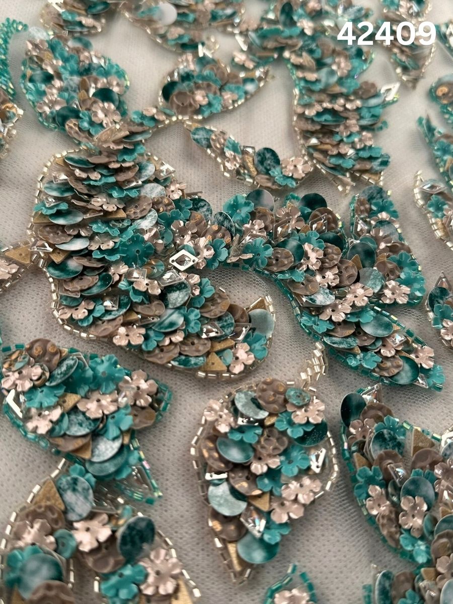 #42409 Hand-Beaded Fabric Abstract Design with Exotic Beads and Sequins – A Vibrant and Artistic Embellishment for High-End Creations