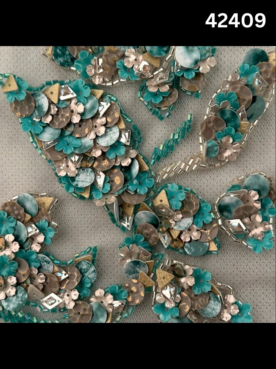 #42409 Hand-Beaded Fabric Abstract Design with Exotic Beads and Sequins – A Vibrant and Artistic Embellishment for High-End Creations