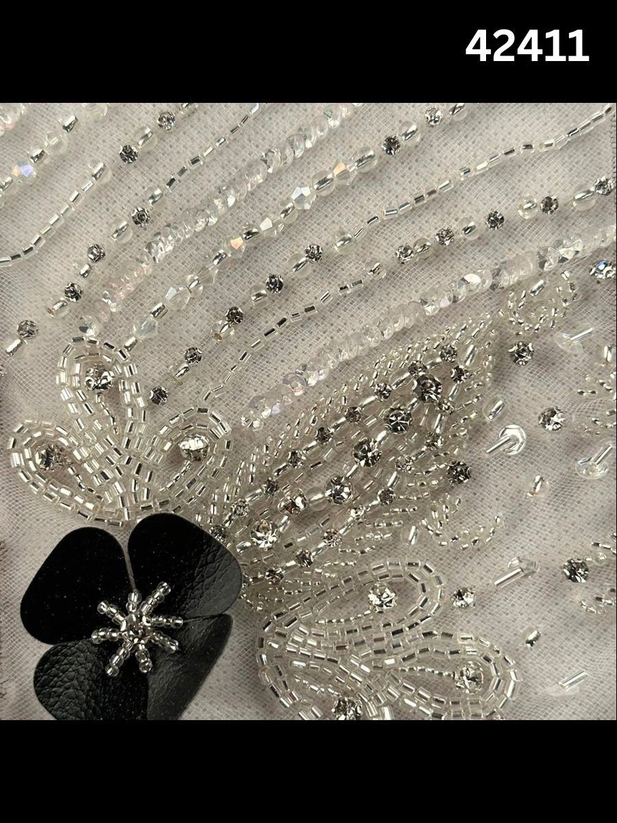 #42411 Elegant Asymmetric Floral Design Beaded with Exotic Beads, Sequins, and Rhinestones - Stunning Couture Embellishment for High-Fashion Ensembles