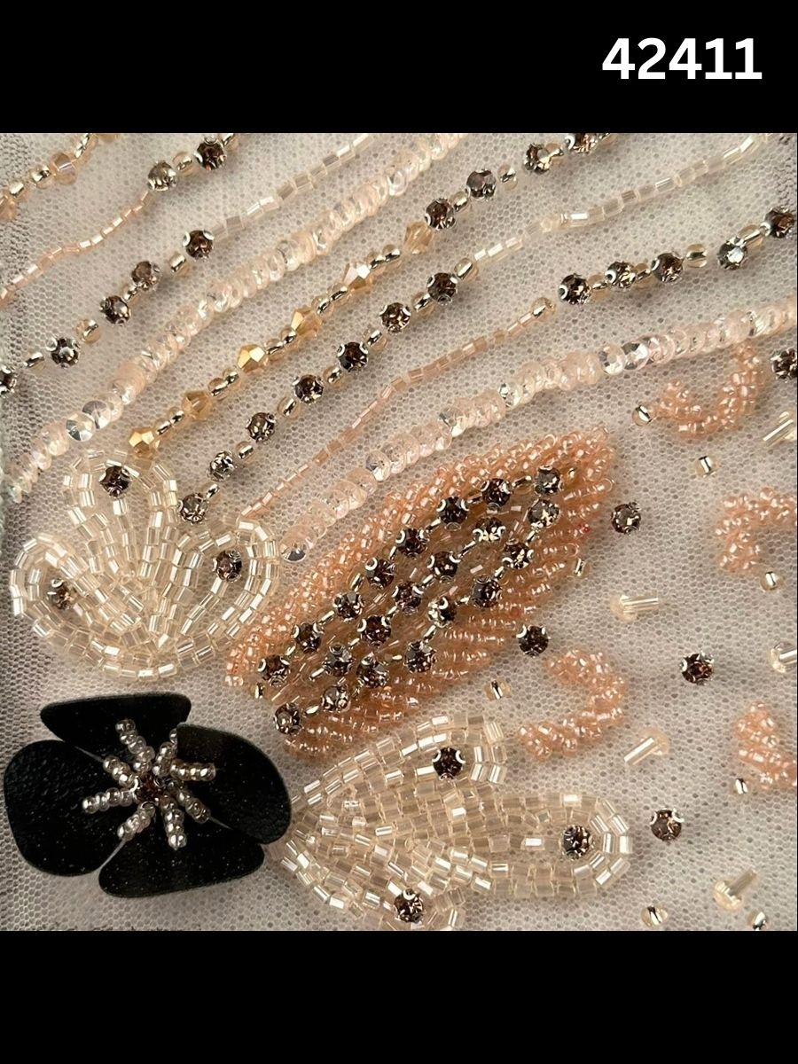 #42411 Elegant Asymmetric Floral Design Beaded with Exotic Beads, Sequins, and Rhinestones - Stunning Couture Embellishment for High-Fashion Ensembles