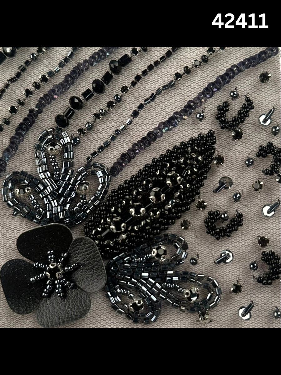 #42411 Elegant Asymmetric Floral Design Beaded with Exotic Beads, Sequins, and Rhinestones - Stunning Couture Embellishment for High-Fashion Ensembles