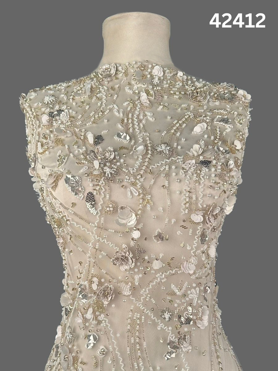 #42412 Elegant Abstract Design Fabric, Hand-Beaded with Exotic Beads, Sequins, Rhinestones, and Pearls – A Luxurious Textile for Couture Fashion, Bridal Wear, and Artistic Creations