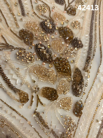 #42413 Opulent Beaded Fabric – Enchanting Abstract Design Adorned with Exotic Beads, Radiant Rhinestones, and Dazzling Crystals for Couture Fashion