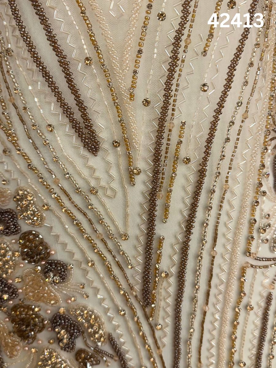 #42413 Opulent Beaded Fabric – Enchanting Abstract Design Adorned with Exotic Beads, Radiant Rhinestones, and Dazzling Crystals for Couture Fashion