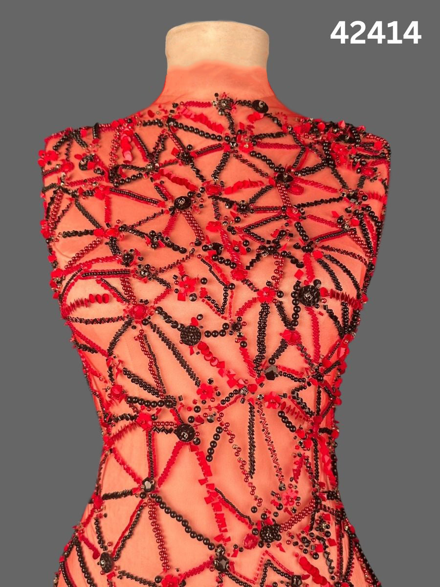 #42414 Striking Geometric Design Fabric, Hand-Beaded with Beads, Sequins, and Rhinestones – A Bold and Luxurious Textile for Couture Fashion, Evening Wear, and Statement Creations