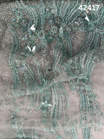#42417 Exquisite Hand-Beaded Fabric – Intricate Floral Design Embellished with Exotic Beads, Sequins, and Rhinestones for Luxurious Creations