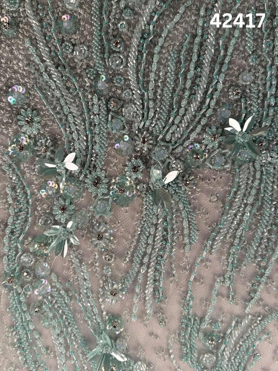 #42417 Exquisite Hand-Beaded Fabric – Intricate Floral Design Embellished with Exotic Beads, Sequins, and Rhinestones for Luxurious Creations