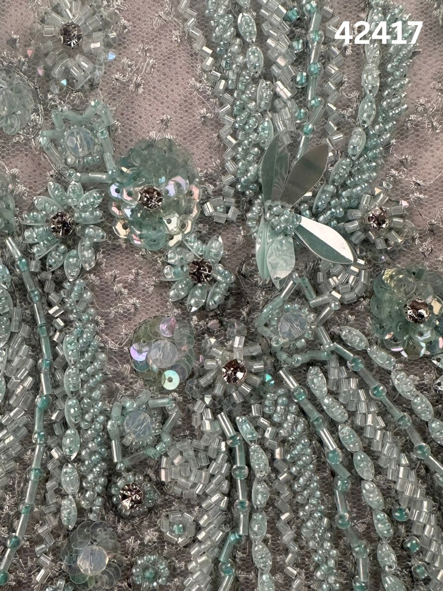 #42417 Exquisite Hand-Beaded Fabric – Intricate Floral Design Embellished with Exotic Beads, Sequins, and Rhinestones for Luxurious Creations