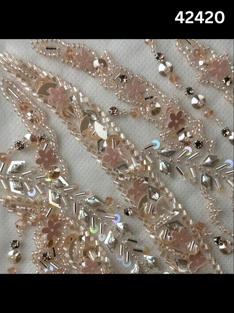 #42420 Elegant Hand-Beaded Silver Bridal Fabric with Asymmetric Design, Embellished with Sequins, Beads, and Rhinestones for a Glamorous Bridal Look