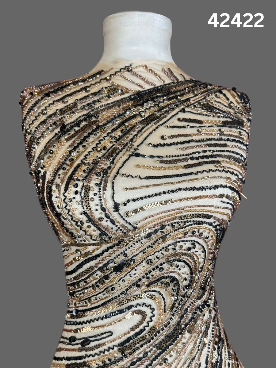 #42422 Artistic Hand-Beaded Fabric with Abstract Design, Embellished with Various Types of Sequins and Beads for a Bold, Elegant Look