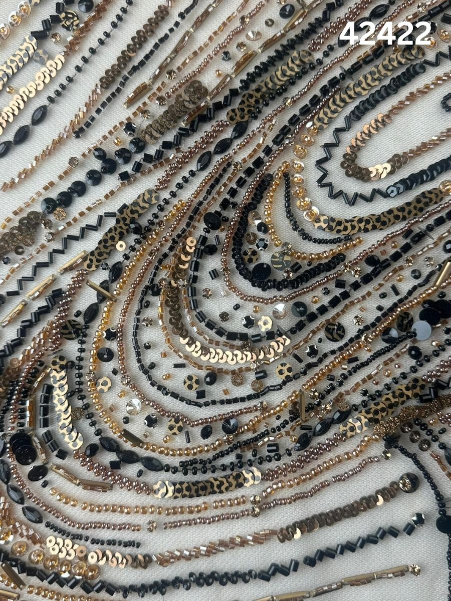 #42422 Artistic Hand-Beaded Fabric with Abstract Design, Embellished with Various Types of Sequins and Beads for a Bold, Elegant Look