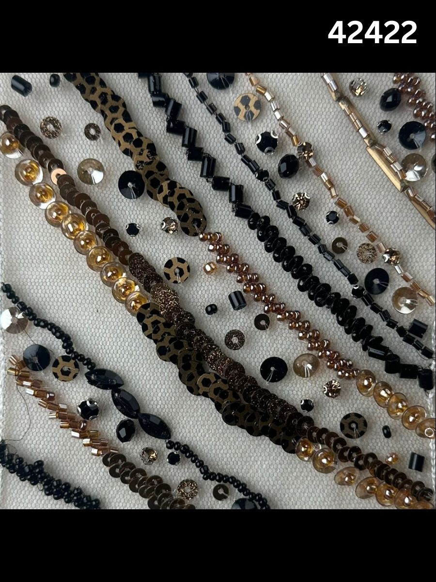 #42422 Artistic Hand-Beaded Fabric with Abstract Design, Embellished with Various Types of Sequins and Beads for a Bold, Elegant Look