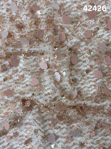 #42426 Opulent Fabric with Abstract Design, Hand-Beaded with Crystal Sequins and Exotic Beads – A Luxurious Textile for Couture Fashion, Bridal Wear, and Artistic Creations