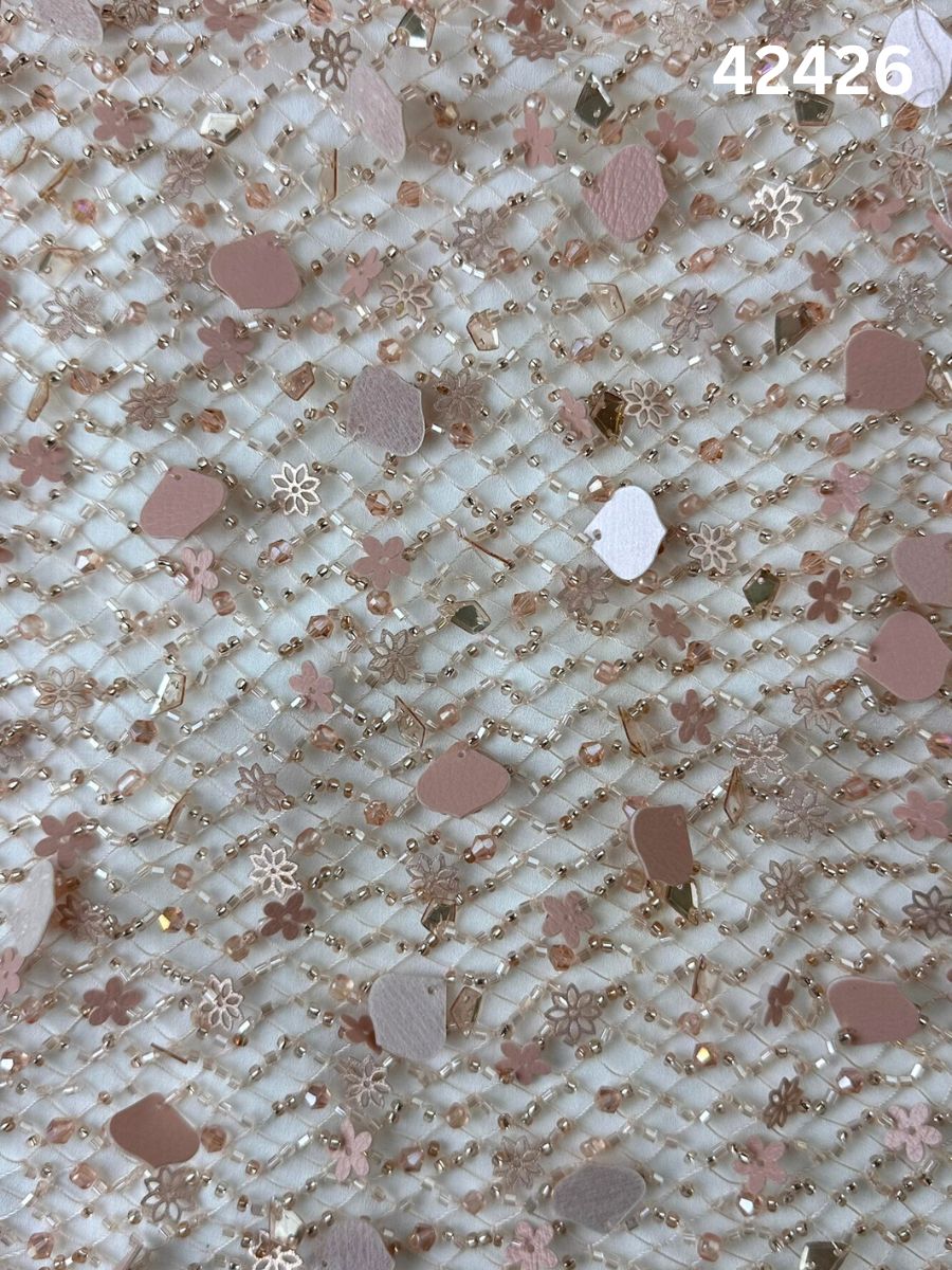 #42426 Opulent Fabric with Abstract Design, Hand-Beaded with Crystal Sequins and Exotic Beads – A Luxurious Textile for Couture Fashion, Bridal Wear, and Artistic Creations