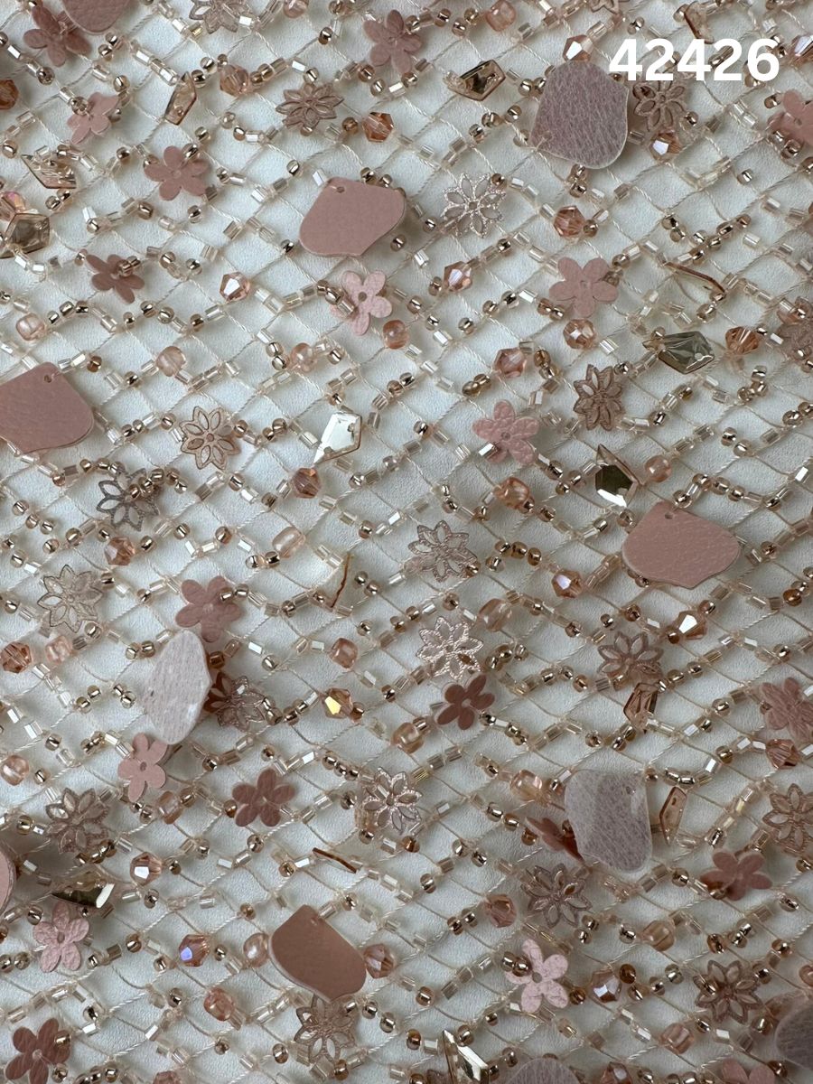 #42426 Opulent Fabric with Abstract Design, Hand-Beaded with Crystal Sequins and Exotic Beads – A Luxurious Textile for Couture Fashion, Bridal Wear, and Artistic Creations