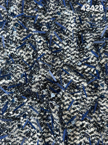 #42428 Elegant Fabric with Abstract Design, Hand-Beaded with Various Beads and Sequins – A Stunning Textile for Couture Fashion, Evening Wear, and Artistic Creations